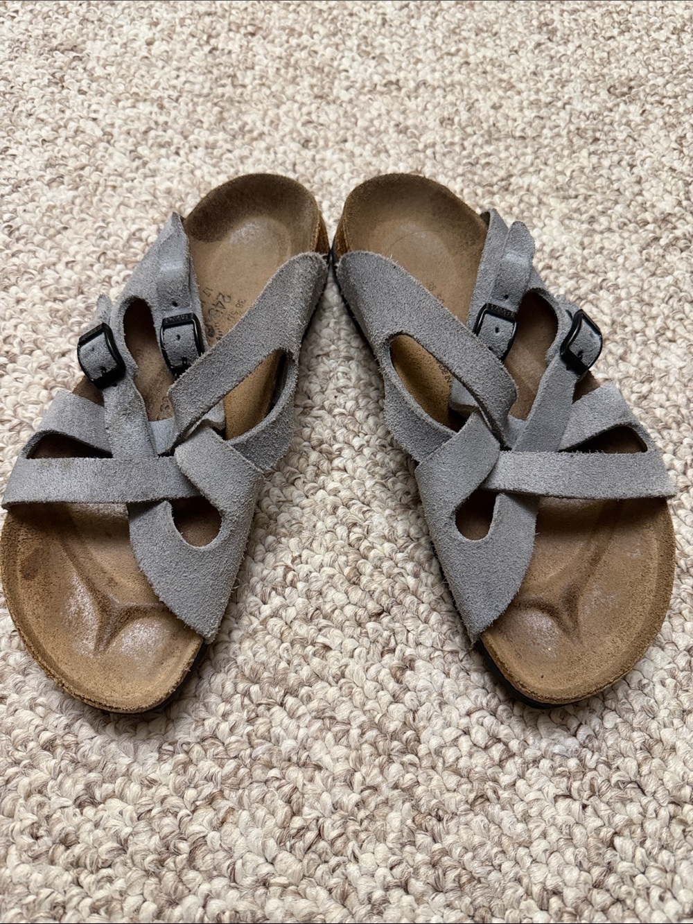 Birki’s Birkenstock  Grey Suede Crisscross Buckle Sandals